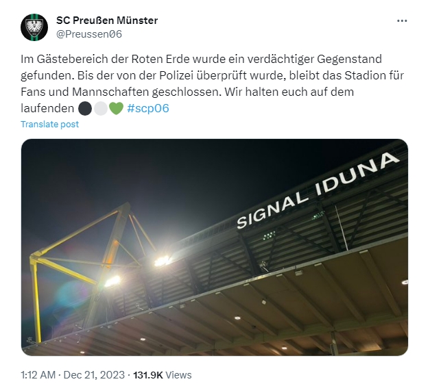 球場出現不明爆炸物:明斯特VS多特2隊德丙比賽被迫推遲